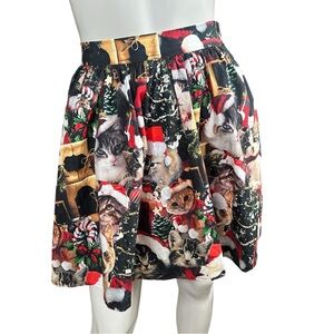 Modcloth Christmas Tree Festive Santa Cat Kitten Print Pleated Mini Skirt Sz XXS